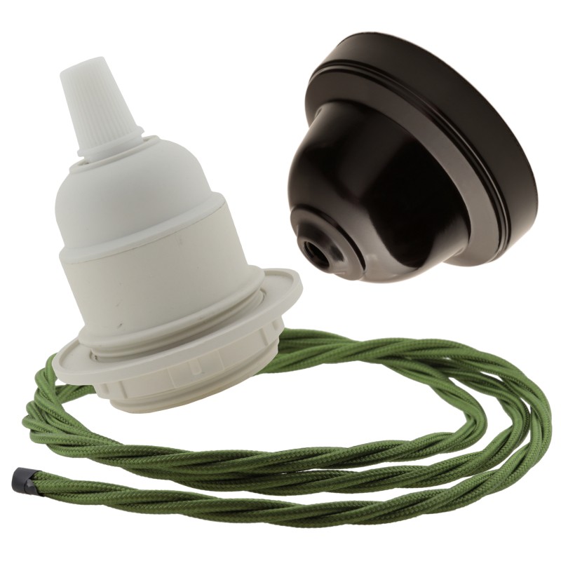 Pendant Kit with Brown Bakelite Ceiling cup E27 White Thermoset Plastic Lampholder and Green Flex Pendant Kit with Brown Bakelite Ceiling cup E27 White Thermoset Plastic Lampholder and Green Flex