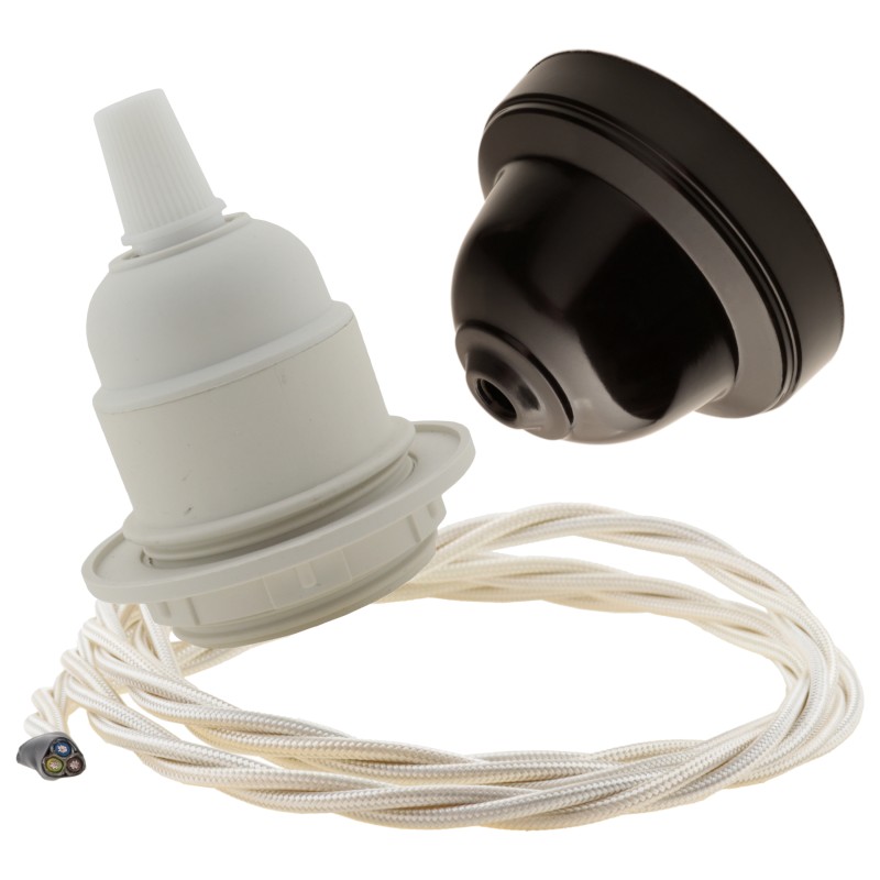 Pendant Kit with Brown Bakelite Ceiling cup E27 White Thermoset Plastic Lampholder and Classic Ivory Flex Pendant Kit with Brown Bakelite Ceiling cup E27 White Thermoset Plastic Lampholder and Classic Ivory Flex