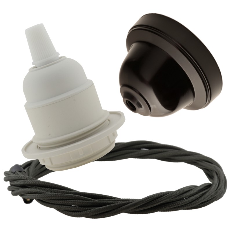 Pendant Kit with Brown Bakelite Ceiling cup E27 White Thermoset Plastic Lampholder and Khaki Green Flex Pendant Kit with Brown Bakelite Ceiling cup E27 White Thermoset Plastic Lampholder and Khaki Green Flex