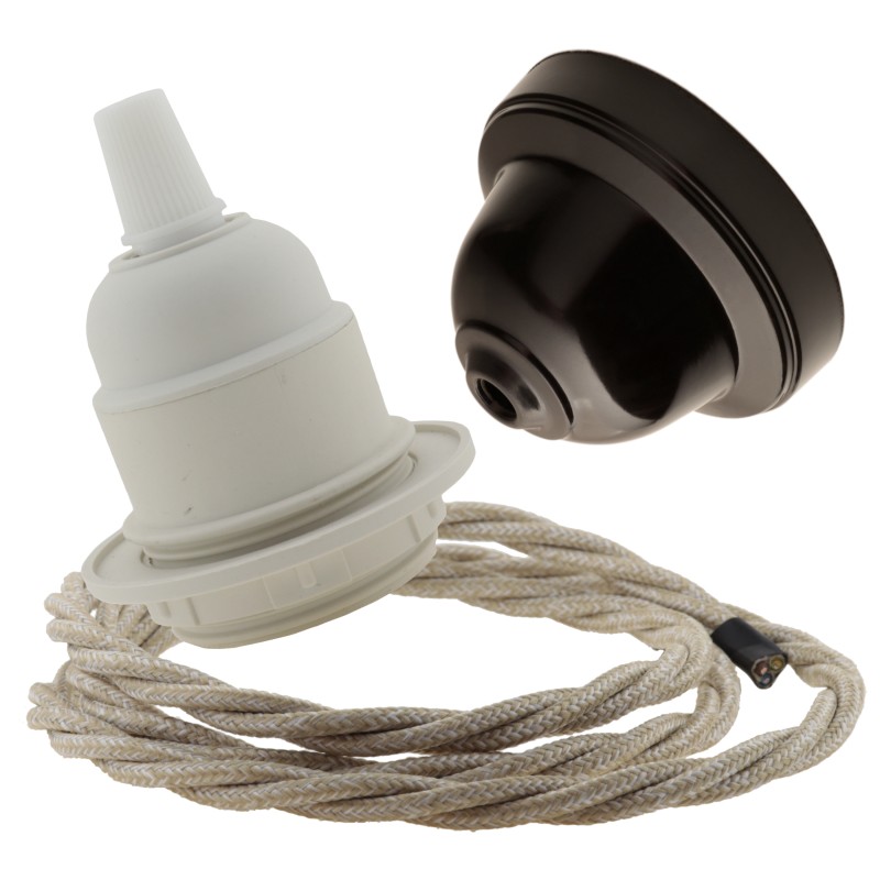 Pendant Kit with Brown Bakelite Ceiling cup E27 White Thermoset Plastic Lampholder and Linen Flex Pendant Kit with Brown Bakelite Ceiling cup E27 White Thermoset Plastic Lampholder and Linen Flex