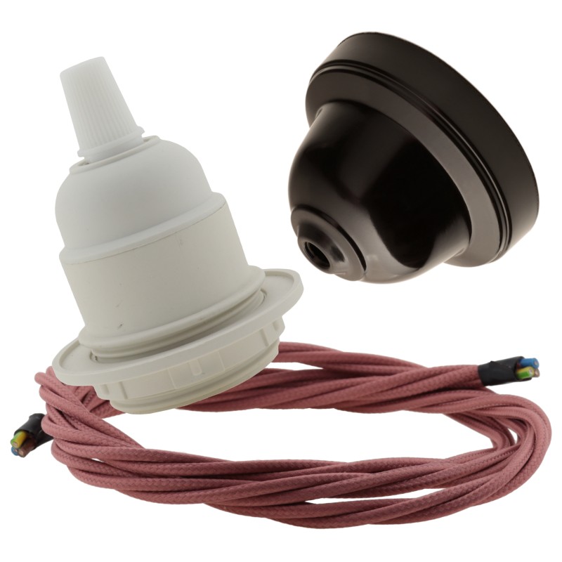 Pendant Kit with Brown Bakelite Ceiling cup E27 White Thermoset Plastic Lampholder and Dusky Pink Flex Pendant Kit with Brown Bakelite Ceiling cup E27 White Thermoset Plastic Lampholder and Dusky Pink Flex