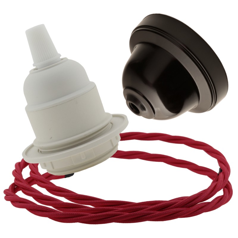 Pendant Kit with Brown Bakelite Ceiling cup E27 White Thermoset Plastic Lampholder and Bright Red Flex Pendant Kit with Brown Bakelite Ceiling cup E27 White Thermoset Plastic Lampholder and Bright Red Flex