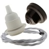 Pendant Kit with Brown Bakelite Ceiling cup E27 White Thermoset Plastic Lampholder and Silver Flex Pendant Kit with Brown Bakelite Ceiling cup E27 White Thermoset Plastic Lampholder and Silver Flex