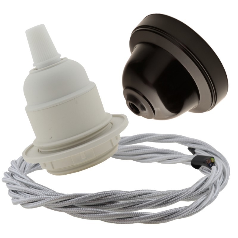 Pendant Kit with Brown Bakelite Ceiling cup E27 White Thermoset Plastic Lampholder and Silver Flex Pendant Kit with Brown Bakelite Ceiling cup E27 White Thermoset Plastic Lampholder and Silver Flex