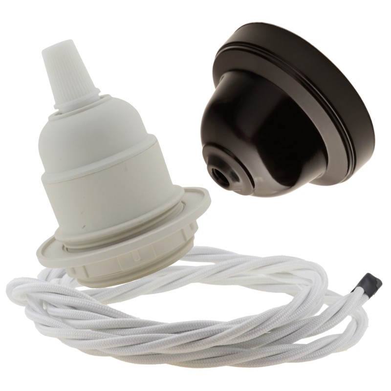 Pendant Kit with Brown Bakelite Ceiling cup E27 White Thermoset Plastic Lampholder and White Flex Pendant Kit with Brown Bakelite Ceiling cup E27 White Thermoset Plastic Lampholder and White Flex