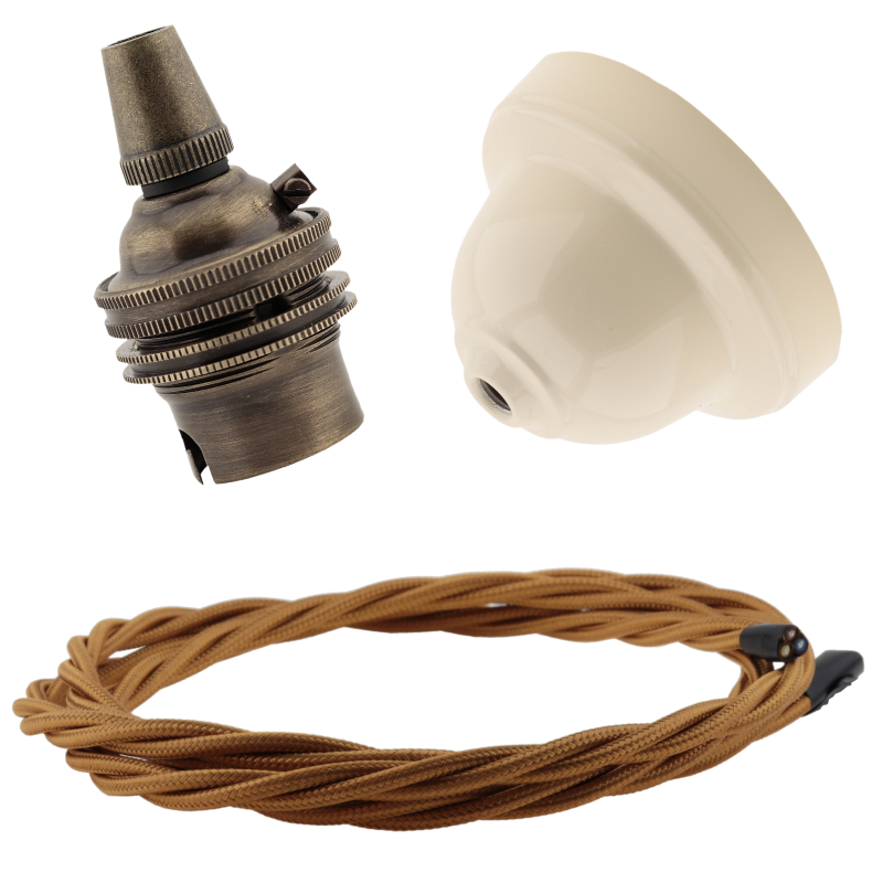 Ivory Bakelite Ceiling Pendant Kit with B22 Antique Brass Lampholder and Antique Gold Flex Ivory Bakelite Ceiling Pendant Kit with B22 Antique Brass Lampholder and Antique Gold Flex