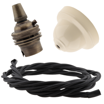 Ivory Bakelite Ceiling Pendant Kit with B22 Antique Brass Lampholder and Black Flex