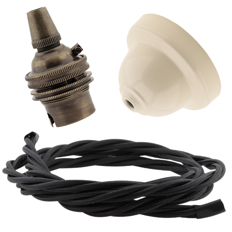 Ivory Bakelite Ceiling Pendant Kit with B22 Antique Brass Lampholder and Black Flex Ivory Bakelite Ceiling Pendant Kit with B22 Antique Brass Lampholder and Black Flex