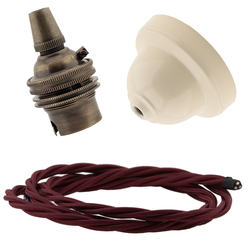 Ivory Bakelite Ceiling Pendant Kit with B22 Antique Brass Lampholder and Rich Burgundy Flex Ivory Bakelite Ceiling Pendant Kit with B22 Antique Brass Lampholder and Rich Burgundy Flex