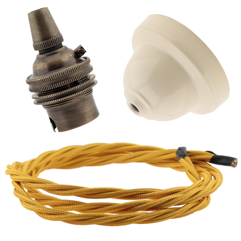 Ivory Bakelite Ceiling Pendant Kit with B22 Antique Brass Lampholder and Gold Flex Ivory Bakelite Ceiling Pendant Kit with B22 Antique Brass Lampholder and Gold Flex