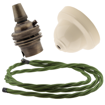 Ivory Bakelite Ceiling Pendant Kit with B22 Antique Brass Lampholder and Green Flex