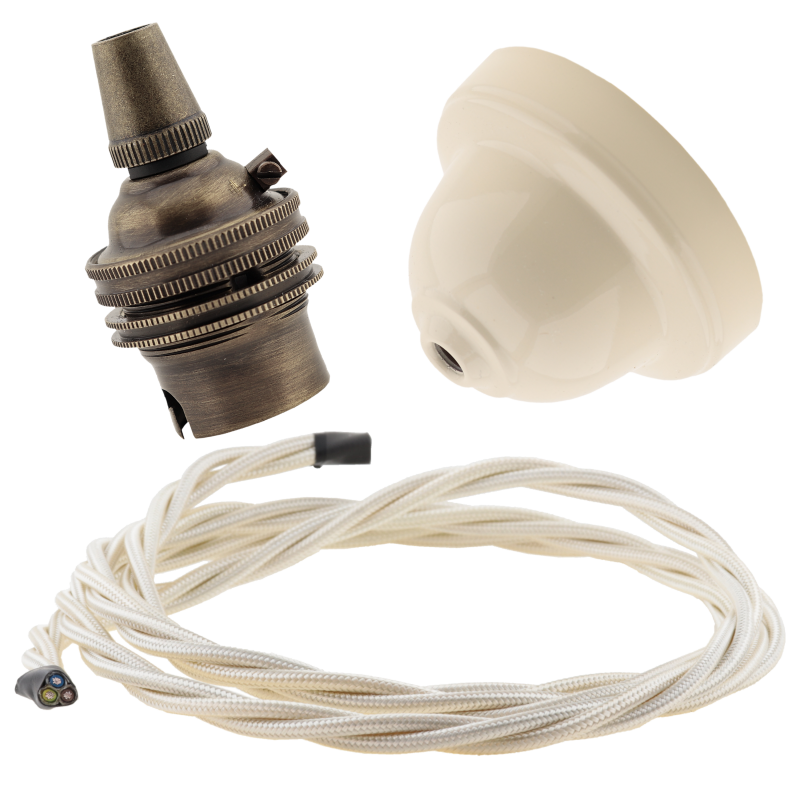 Ivory Bakelite Ceiling Pendant Kit with B22 Antique Brass Lampholder and Classic Ivory Flex Ivory Bakelite Ceiling Pendant Kit with B22 Antique Brass Lampholder and Classic Ivory Flex