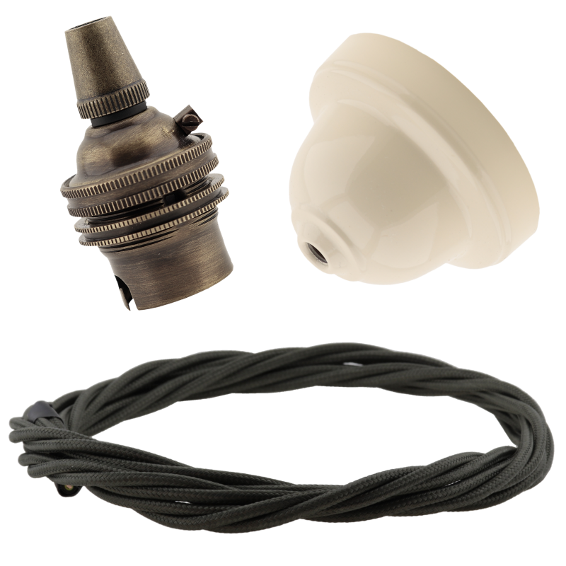 Ivory Bakelite Ceiling Pendant Kit with B22 Antique Brass Lampholder and Khaki Green Flex Ivory Bakelite Ceiling Pendant Kit with B22 Antique Brass Lampholder and Khaki Green Flex