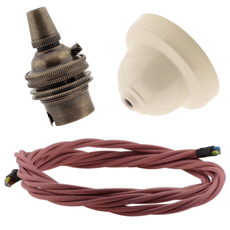 Ivory Bakelite Ceiling Pendant Kit with B22 Antique Brass Lampholder and Dusky Pink Flex Ivory Bakelite Ceiling Pendant Kit with B22 Antique Brass Lampholder and Dusky Pink Flex
