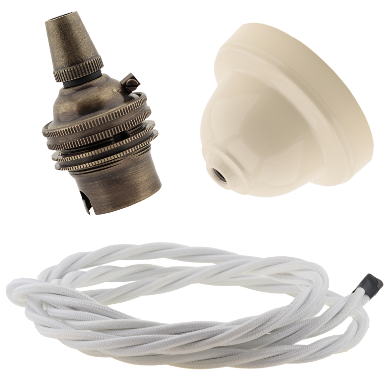 Ivory Bakelite Ceiling Pendant Kit with B22 Antique Brass Lampholder and White Flex Ivory Bakelite Ceiling Pendant Kit with B22 Antique Brass Lampholder and White Flex