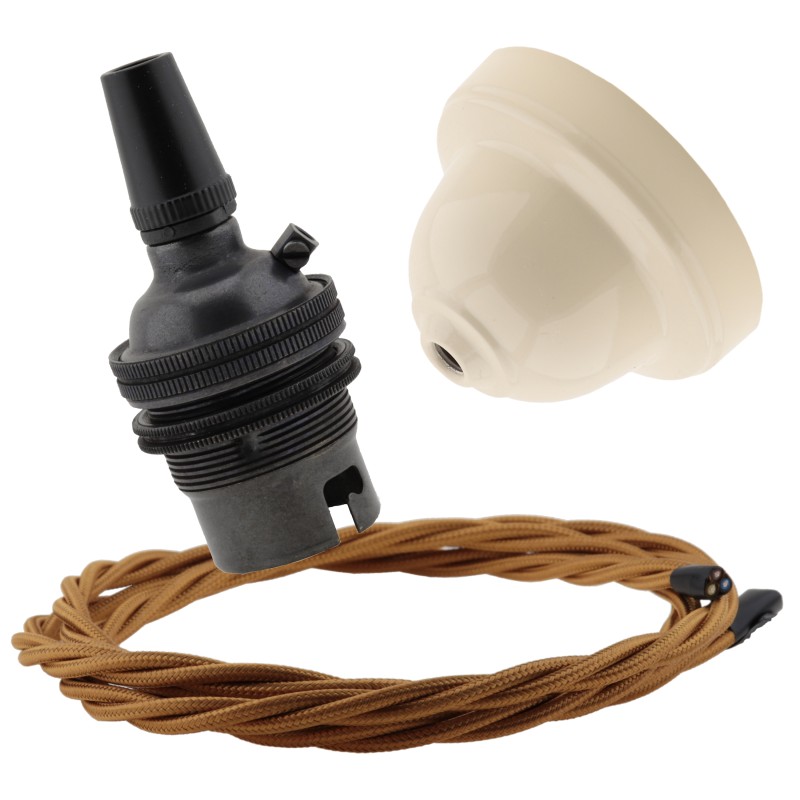 Ivory Bakelite Ceiling Pendant Kit with B22 Dark Bronze Finish Lampholder and Antique Gold Flex Ivory Bakelite Ceiling Pendant Kit with B22 Dark Bronze Finish Lampholder and Antique Gold Flex