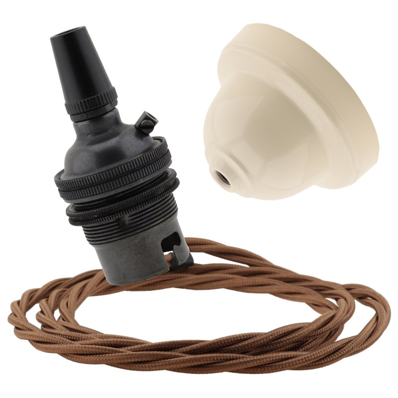 Ivory Bakelite Ceiling Pendant Kit with B22 Dark Bronze Finish Lampholder and Bronze Flex Ivory Bakelite Ceiling Pendant Kit with B22 Dark Bronze Finish Lampholder and Bronze Flex
