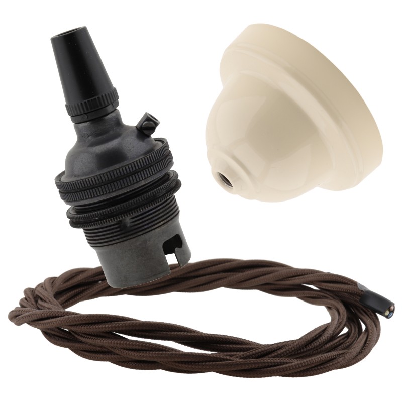 Ivory Bakelite Ceiling Pendant Kit with B22 Dark Bronze Finish Lampholder and Mocha Brown Flex Ivory Bakelite Ceiling Pendant Kit with B22 Dark Bronze Finish Lampholder and Mocha Brown Flex