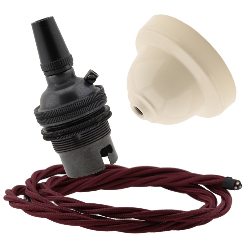Ivory Bakelite Ceiling Pendant Kit with B22 Dark Bronze Finish Lampholder and Rich Burgundy Flex Ivory Bakelite Ceiling Pendant Kit with B22 Dark Bronze Finish Lampholder and Rich Burgundy Flex