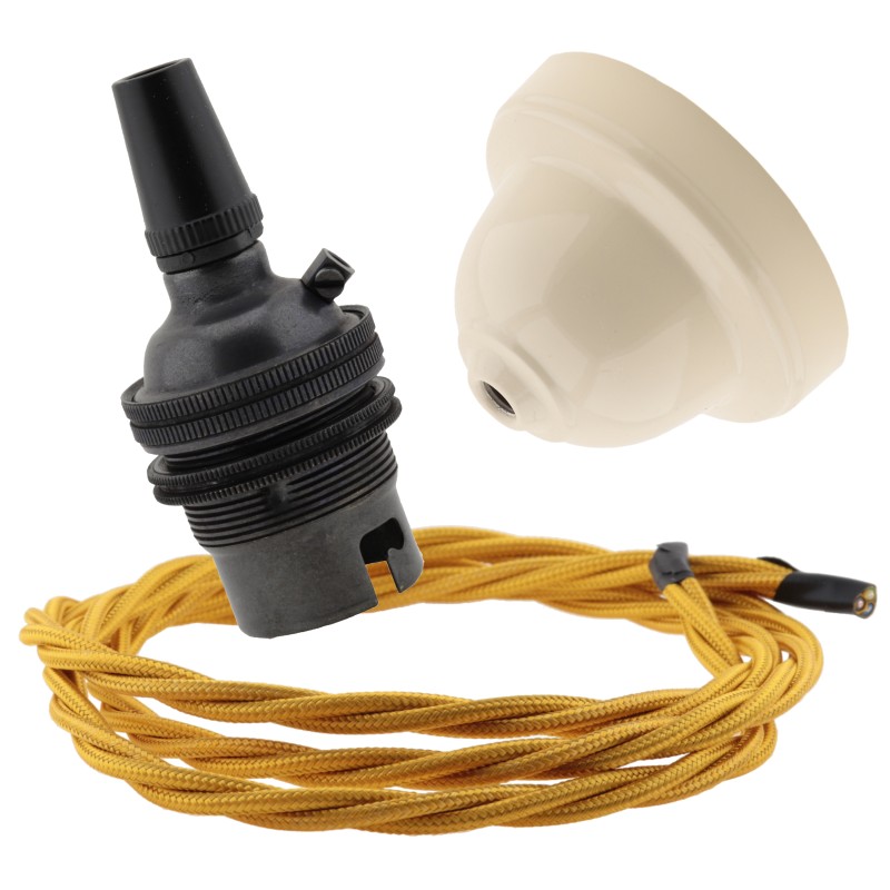 Ivory Bakelite Ceiling Pendant Kit with B22 Dark Bronze Finish Lampholder and Gold Flex Ivory Bakelite Ceiling Pendant Kit with B22 Dark Bronze Finish Lampholder and Gold Flex