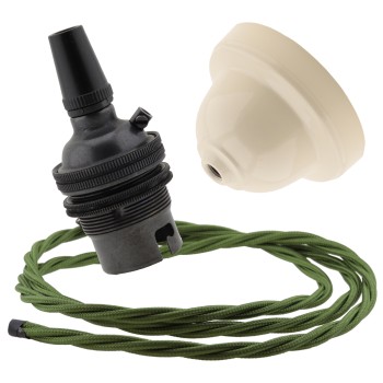 Ivory Bakelite Ceiling Pendant Kit with B22 Dark Bronze Finish Lampholder and Green Flex