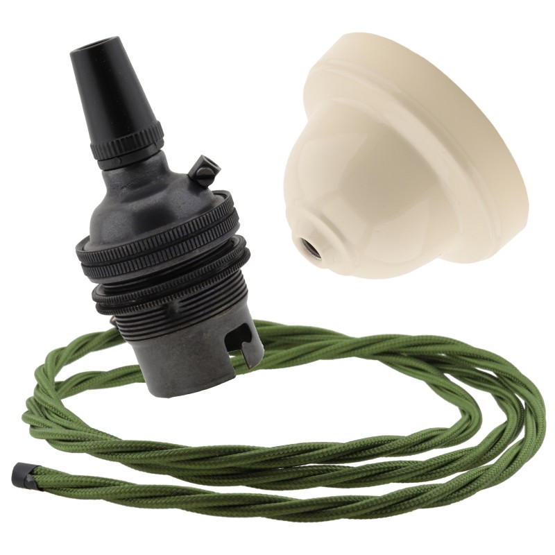 Ivory Bakelite Ceiling Pendant Kit with B22 Dark Bronze Finish Lampholder and Green Flex Ivory Bakelite Ceiling Pendant Kit with B22 Dark Bronze Finish Lampholder and Green Flex