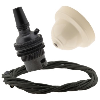 Ivory Bakelite Ceiling Pendant Kit with B22 Dark Bronze Finish Lampholder and Khaki Green Flex