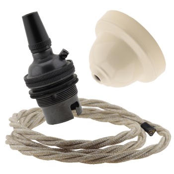 Ivory Bakelite Ceiling Pendant Kit with B22 Dark Bronze Finish Lampholder and Linen Flex