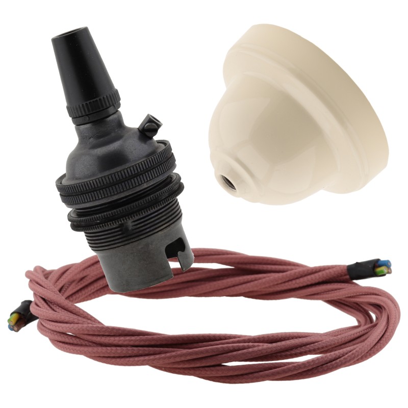 Ivory Bakelite Ceiling Pendant Kit with B22 Dark Bronze Finish Lampholder and Dusky Pink Flex Ivory Bakelite Ceiling Pendant Kit with B22 Dark Bronze Finish Lampholder and Dusky Pink Flex