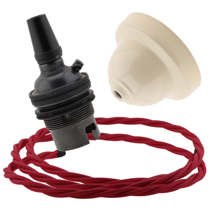 Ivory Bakelite Ceiling Pendant Kit with B22 Dark Bronze Finish Lampholder and Bright Red Flex Ivory Bakelite Ceiling Pendant Kit with B22 Dark Bronze Finish Lampholder and Bright Red Flex