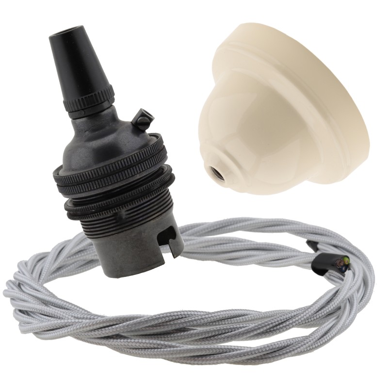 Ivory Bakelite Ceiling Pendant Kit with B22 Dark Bronze Finish Lampholder and Silver Flex Ivory Bakelite Ceiling Pendant Kit with B22 Dark Bronze Finish Lampholder and Silver Flex