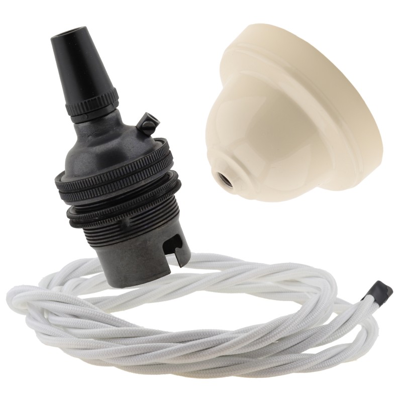 Ivory Bakelite Ceiling Pendant Kit with B22 Dark Bronze Finish Lampholder and White Flex Ivory Bakelite Ceiling Pendant Kit with B22 Dark Bronze Finish Lampholder and White Flex