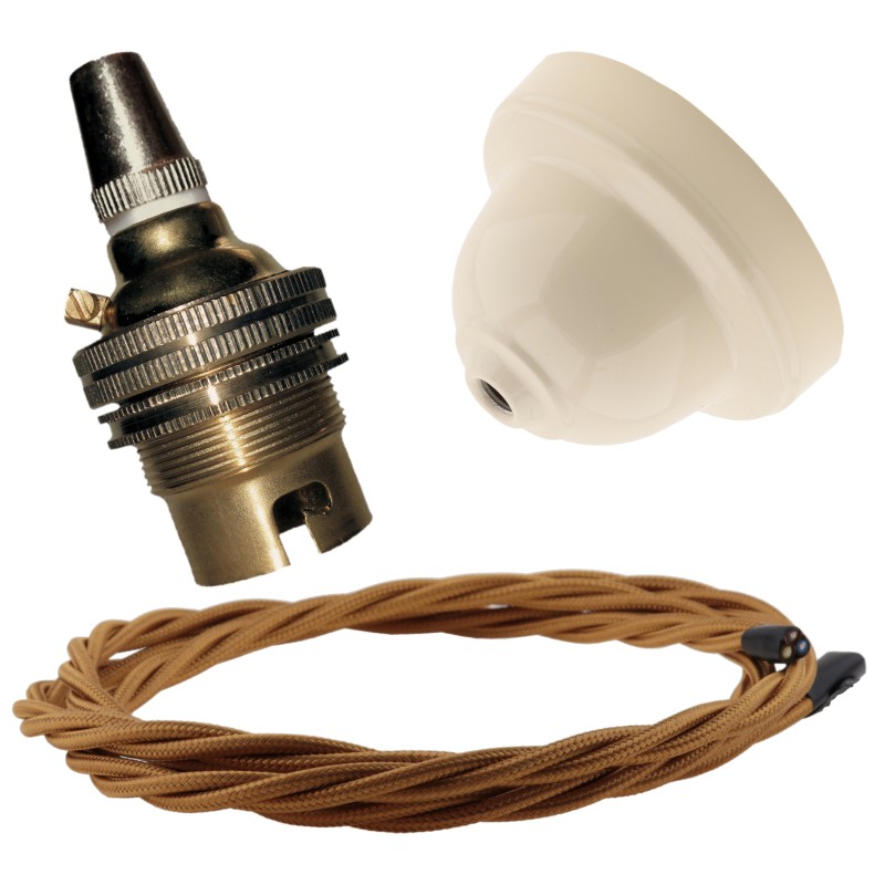 Ivory Bakelite Ceiling Pendant Kit with B22 Brass Finish Lampholder and Antique Gold Flex Ivory Bakelite Ceiling Pendant Kit with B22 Brass Finish Lampholder and Antique Gold Flex
