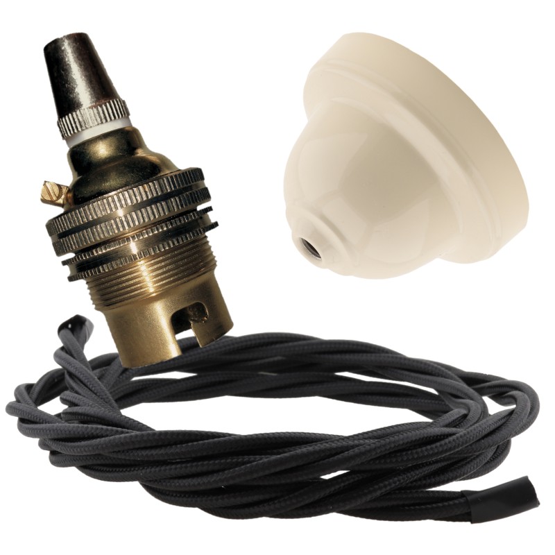 Ivory Bakelite Ceiling Pendant Kit with B22 Brass Finish Lampholder and Black Flex Ivory Bakelite Ceiling Pendant Kit with B22 Brass Finish Lampholder and Black Flex