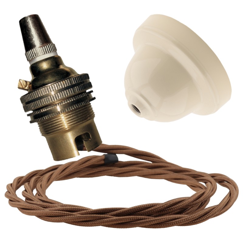 Ivory Bakelite Ceiling Pendant Kit with B22 Brass Finish Lampholder and Bronze Flex Ivory Bakelite Ceiling Pendant Kit with B22 Brass Finish Lampholder and Bronze Flex