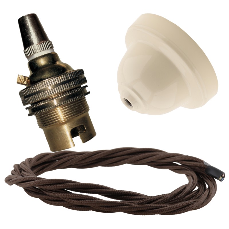 Ivory Bakelite Ceiling Pendant Kit with B22 Brass Finish Lampholder and Mocha Brown Flex Ivory Bakelite Ceiling Pendant Kit with B22 Brass Finish Lampholder and Mocha Brown Flex