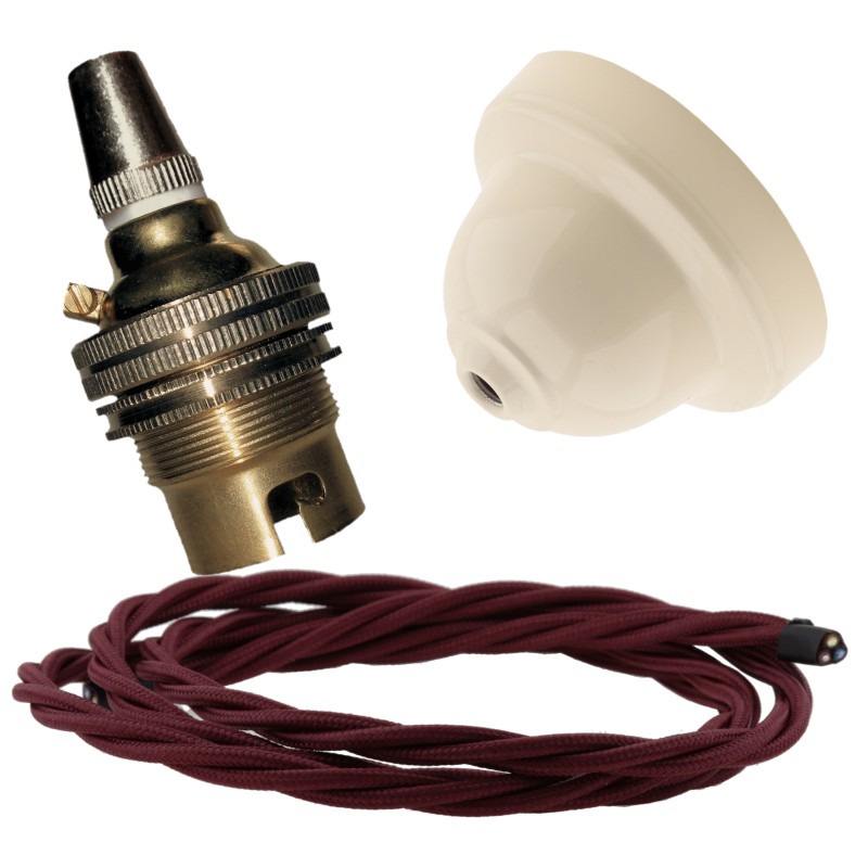 Ivory Bakelite Ceiling Pendant Kit with B22 Brass Finish Lampholder and Rich Burgundy Flex Ivory Bakelite Ceiling Pendant Kit with B22 Brass Finish Lampholder and Rich Burgundy Flex