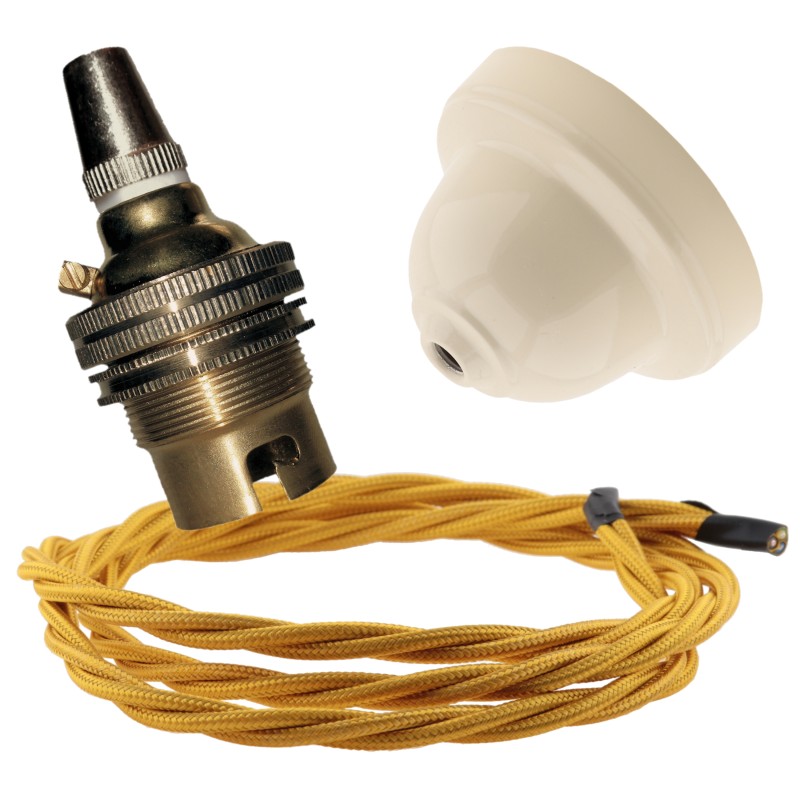 Ivory Bakelite Ceiling Pendant Kit with B22 Brass Finish Lampholder and Gold Flex Ivory Bakelite Ceiling Pendant Kit with B22 Brass Finish Lampholder and Gold Flex