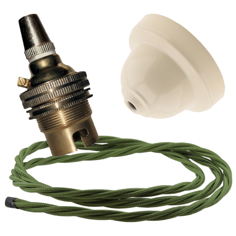 Ivory Bakelite Ceiling Pendant Kit with B22 Brass Finish Lampholder and Green Flex Ivory Bakelite Ceiling Pendant Kit with B22 Brass Finish Lampholder and Green Flex