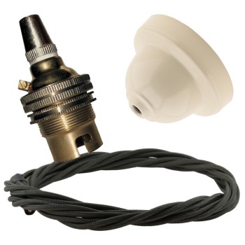 Ivory Bakelite Ceiling Pendant Kit with B22 Brass Finish Lampholder and Khaki Green Flex