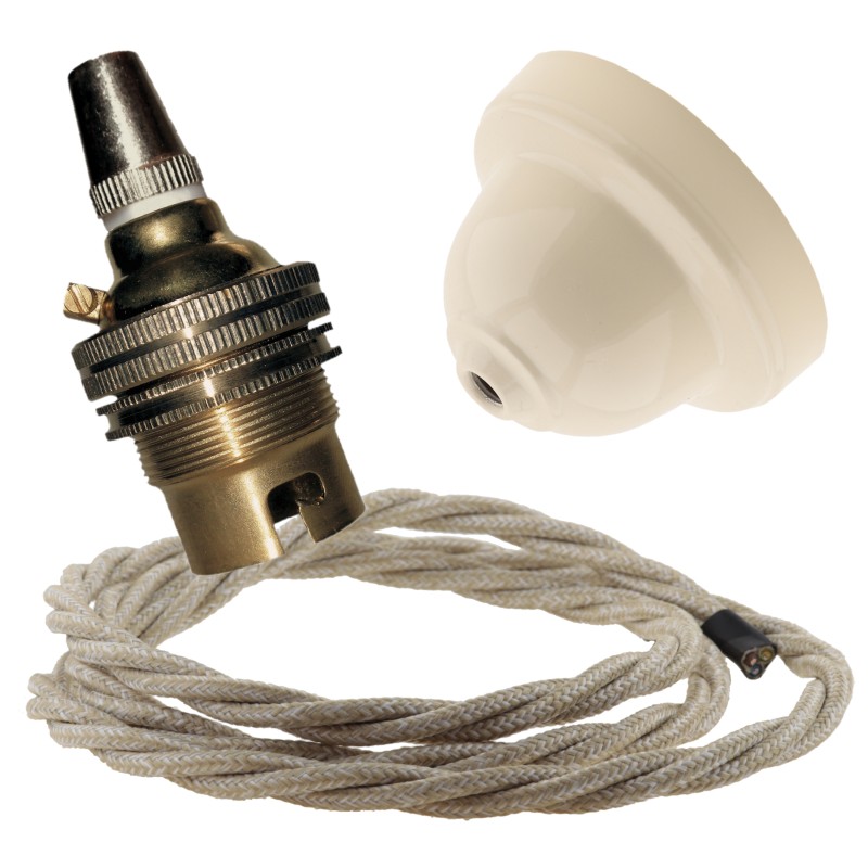 Ivory Bakelite Ceiling Pendant Kit with B22 Brass Finish Lampholder and Linen Flex Ivory Bakelite Ceiling Pendant Kit with B22 Brass Finish Lampholder and Linen Flex