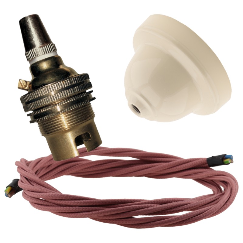 Ivory Bakelite Ceiling Pendant Kit with B22 Brass Finish Lampholder and Dusky Pink Flex Ivory Bakelite Ceiling Pendant Kit with B22 Brass Finish Lampholder and Dusky Pink Flex