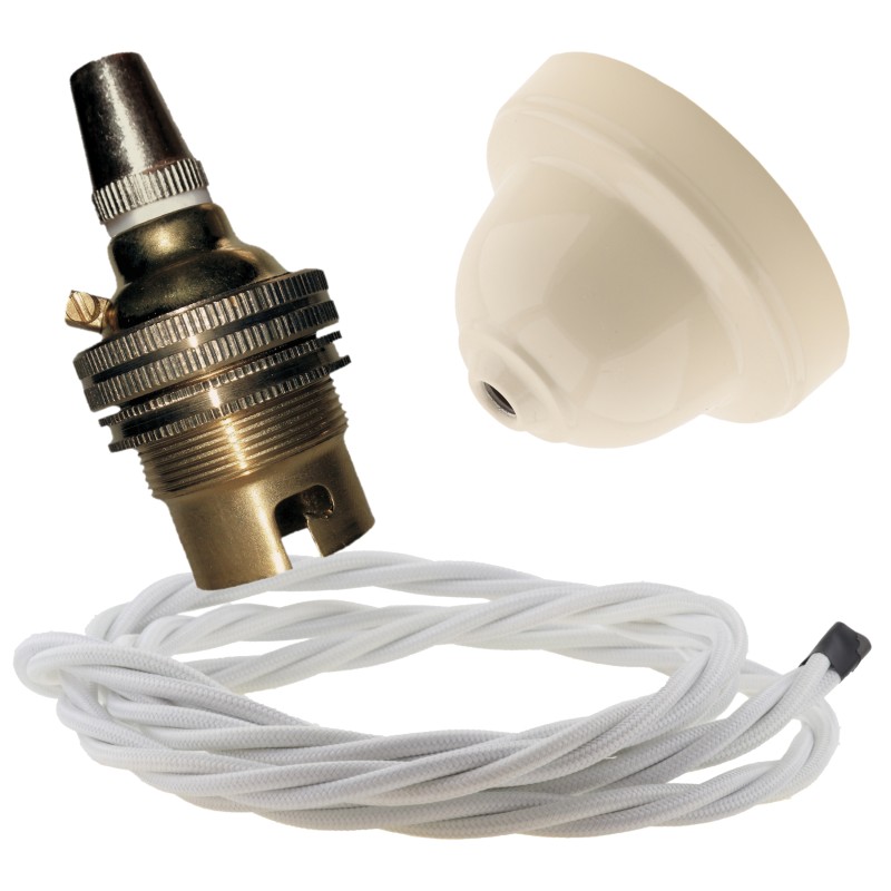 Ivory Bakelite Ceiling Pendant Kit with B22 Brass Finish Lampholder and White Flex Ivory Bakelite Ceiling Pendant Kit with B22 Brass Finish Lampholder and White Flex
