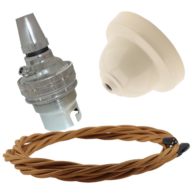 Ivory Bakelite Ceiling Pendant Kit with B22 Silver Nickel Finish Lampholder and Antique Gold Flex Ivory Bakelite Ceiling Pendant Kit with B22 Silver Nickel Finish Lampholder and Antique Gold Flex