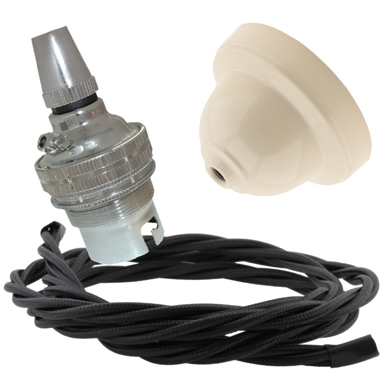 Ivory Bakelite Ceiling Pendant Kit with B22 Silver Nickel Finish Lampholder and Black Flex Ivory Bakelite Ceiling Pendant Kit with B22 Silver Nickel Finish Lampholder and Black Flex