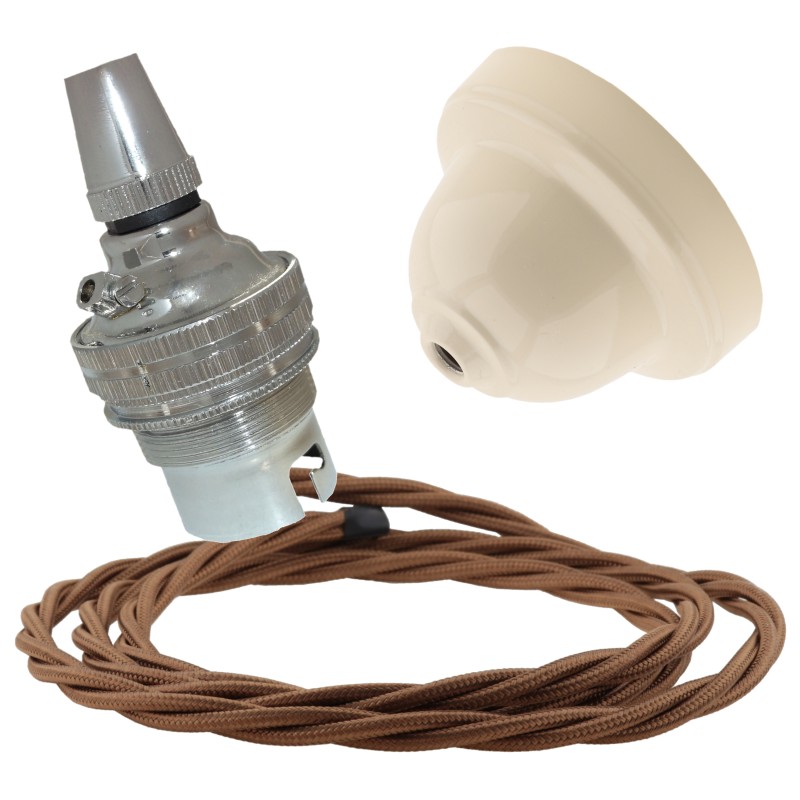 Ivory Bakelite Ceiling Pendant Kit with B22 Silver Nickel Finish Lampholder and Bronze Flex Ivory Bakelite Ceiling Pendant Kit with B22 Silver Nickel Finish Lampholder and Bronze Flex