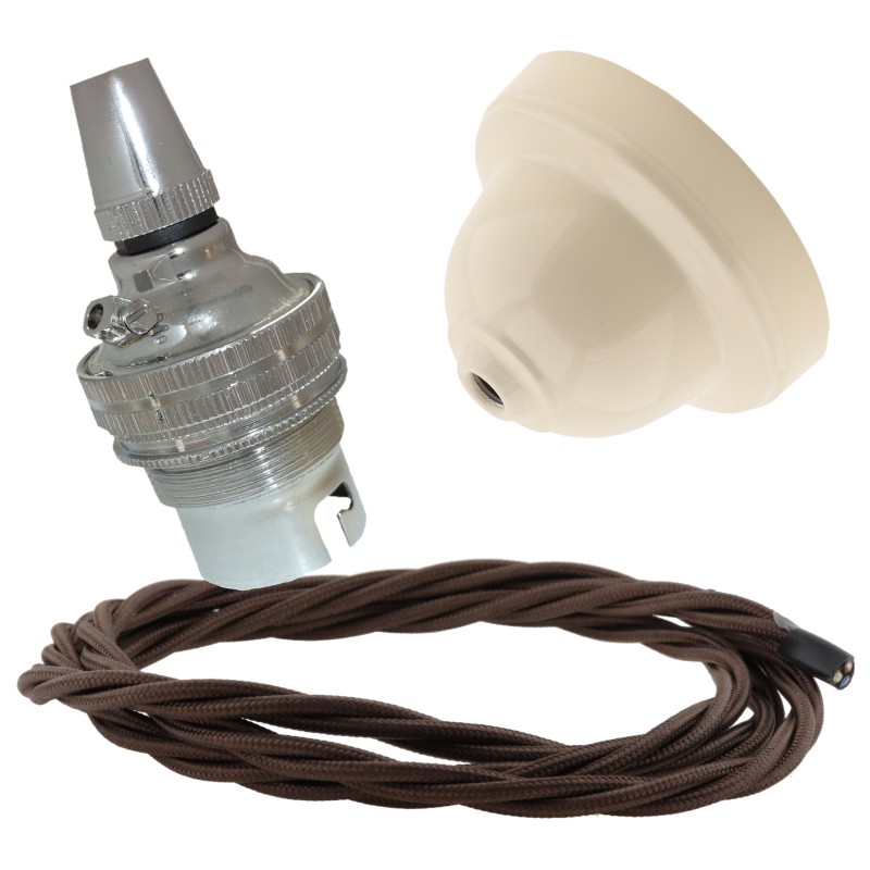 Ivory Bakelite Ceiling Pendant Kit with B22 Silver Nickel Finish Lampholder and Mocha Brown Flex Ivory Bakelite Ceiling Pendant Kit with B22 Silver Nickel Finish Lampholder and Mocha Brown Flex