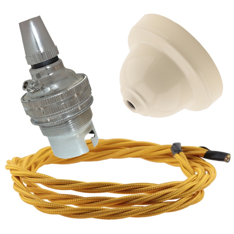 Ivory Bakelite Ceiling Pendant Kit with B22 Silver Nickel Finish Lampholder and Gold Flex Ivory Bakelite Ceiling Pendant Kit with B22 Silver Nickel Finish Lampholder and Gold Flex