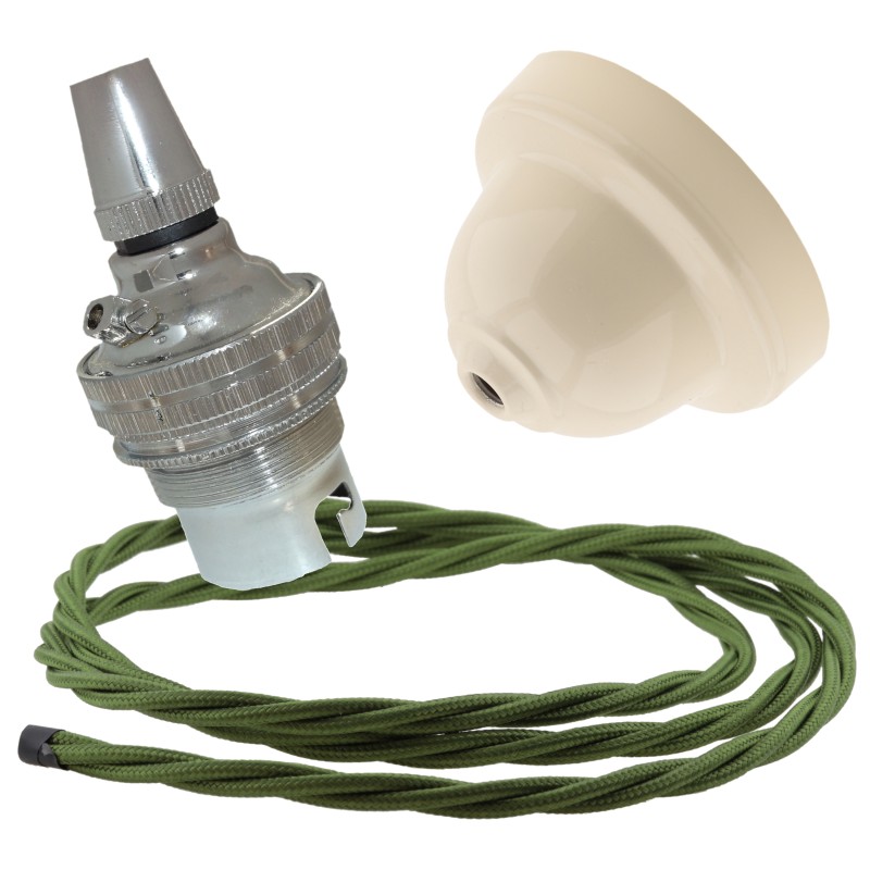 Ivory Bakelite Ceiling Pendant Kit with B22 Silver Nickel Finish Lampholder and Green Flex Ivory Bakelite Ceiling Pendant Kit with B22 Silver Nickel Finish Lampholder and Green Flex
