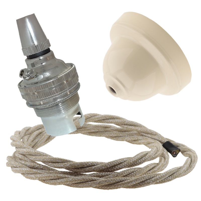 Ivory Bakelite Ceiling Pendant Kit with B22 Silver Nickel Finish Lampholder and Linen Flex Ivory Bakelite Ceiling Pendant Kit with B22 Silver Nickel Finish Lampholder and Linen Flex